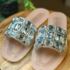 Lauren Lorriane Crystal Embellished Slide Sandals- Nude